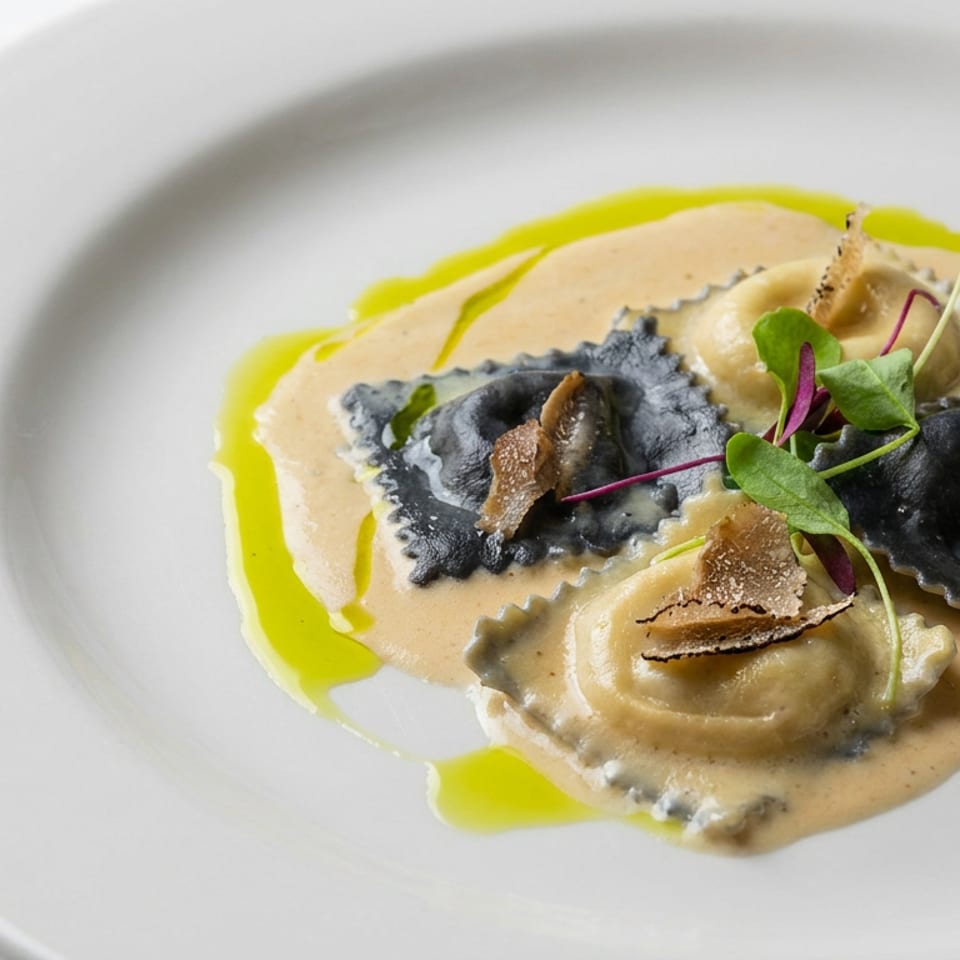 Gourmet ravioli in black and cream pasta, topped with herbs and crisp garnish in a creamy sauce with olive oil.