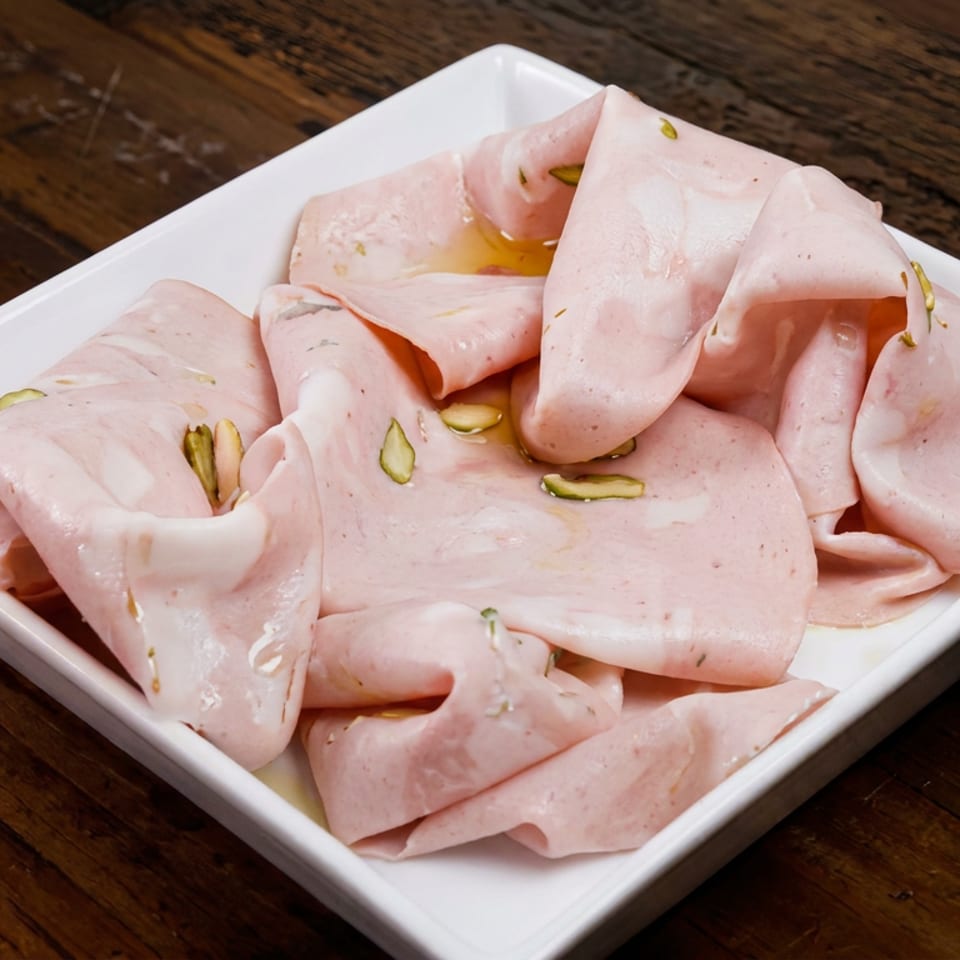 Thin slices of pink mortadella garnished with pistachios and olive oil on a white square plate atop a rustic wooden table.
