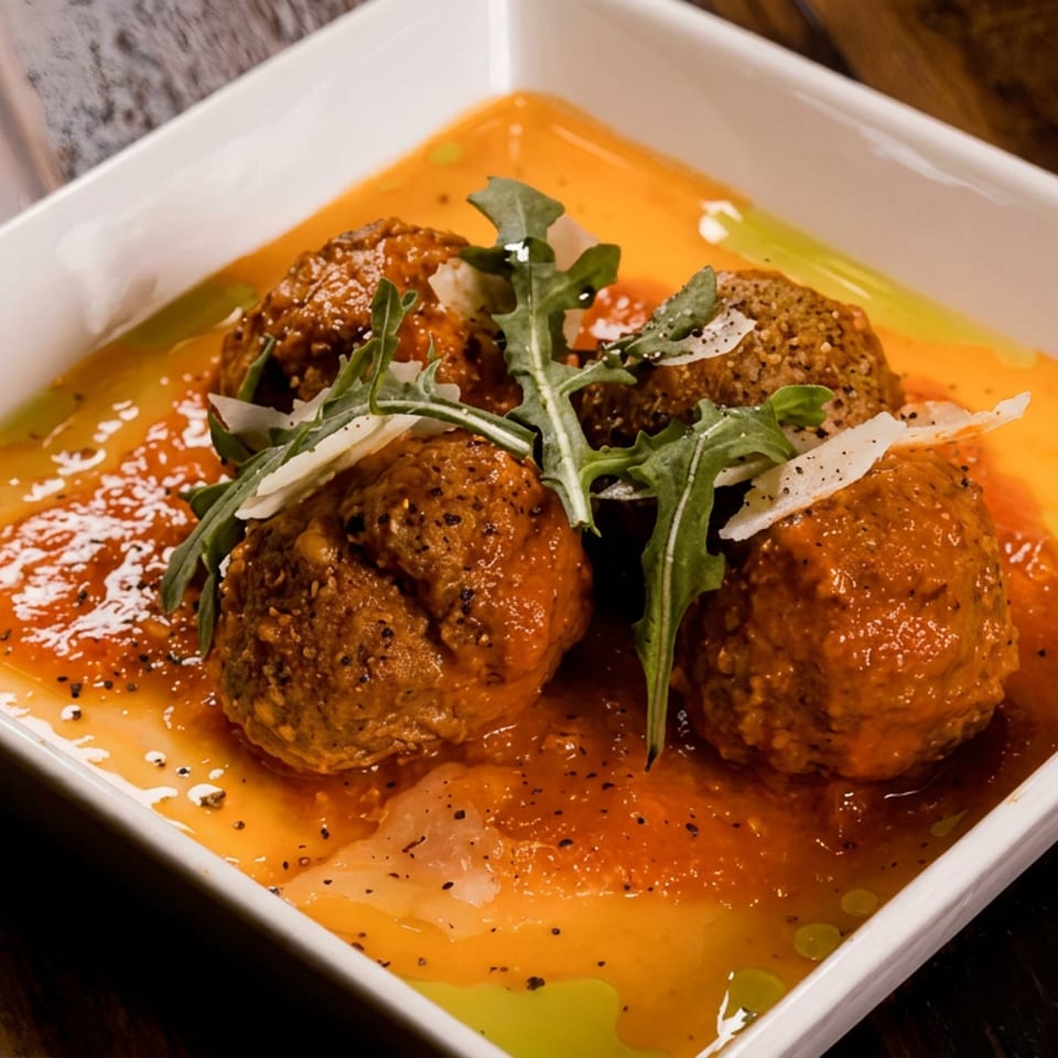 Four meatballs in orange sauce, garnished with arugula and shaved cheese, served in a white square dish on a wooden table.
