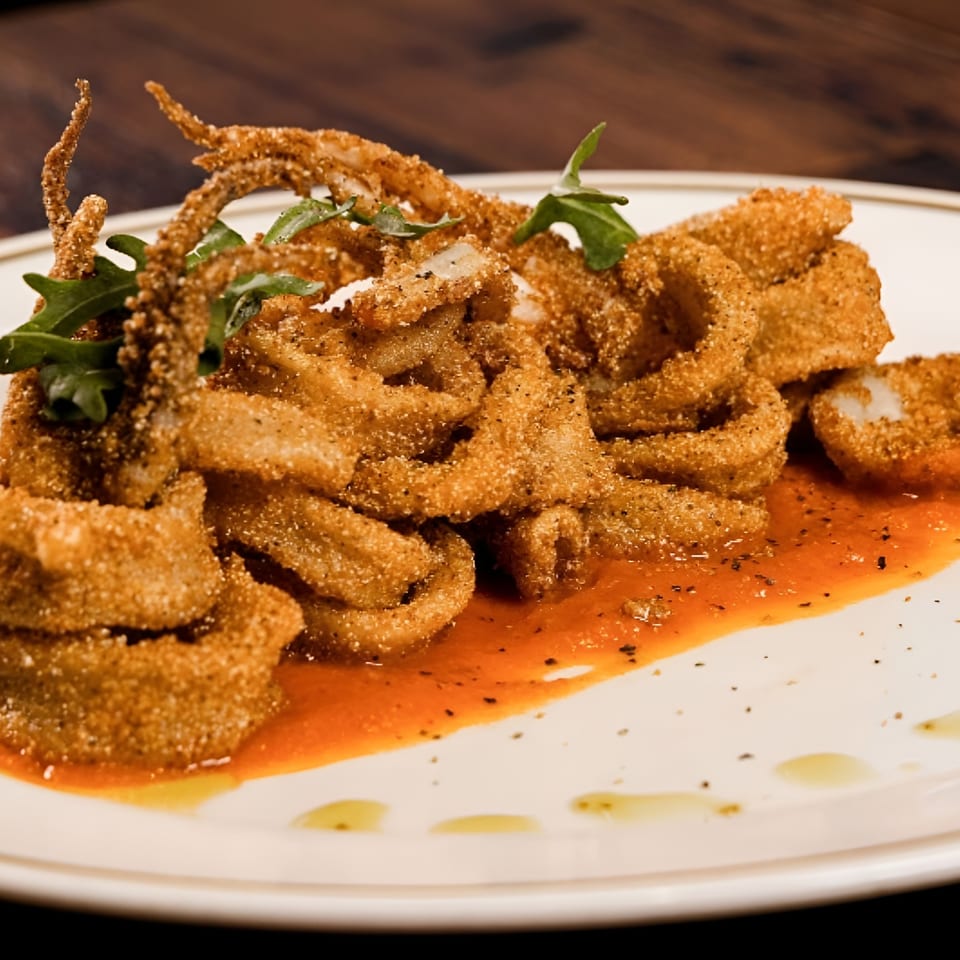 Crispy breaded fried seafood arranged on a white plate with greens and red sauce.