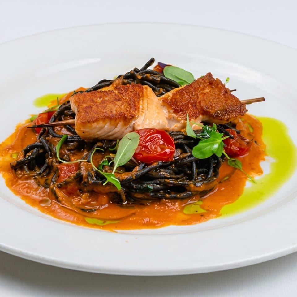 Seared salmon and crispy fish fillet served over black pasta with roasted tomatoes, greens, and orange sauce.