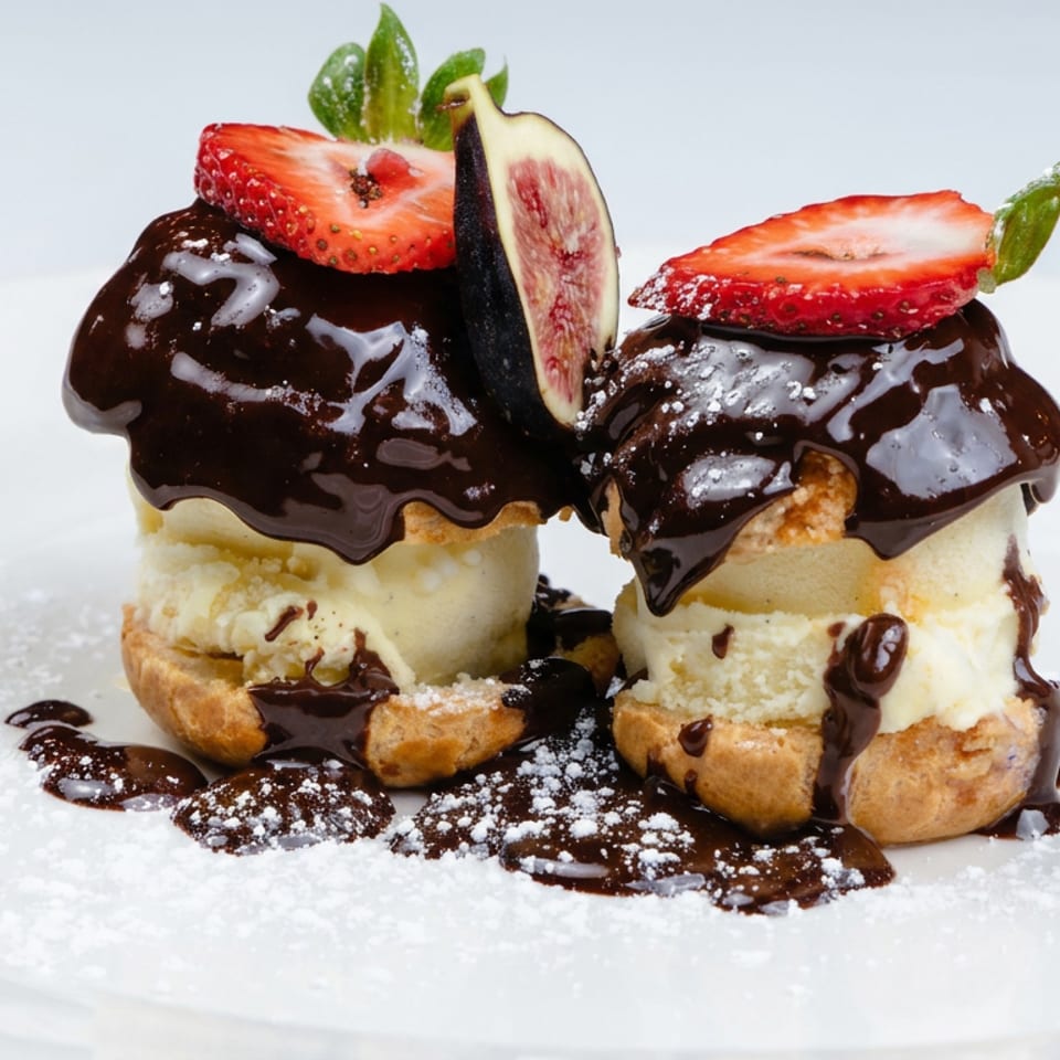 Two cream-filled pastries topped with chocolate glaze, strawberries, fig, mint, powdered sugar, and chocolate sauce on a white plate.