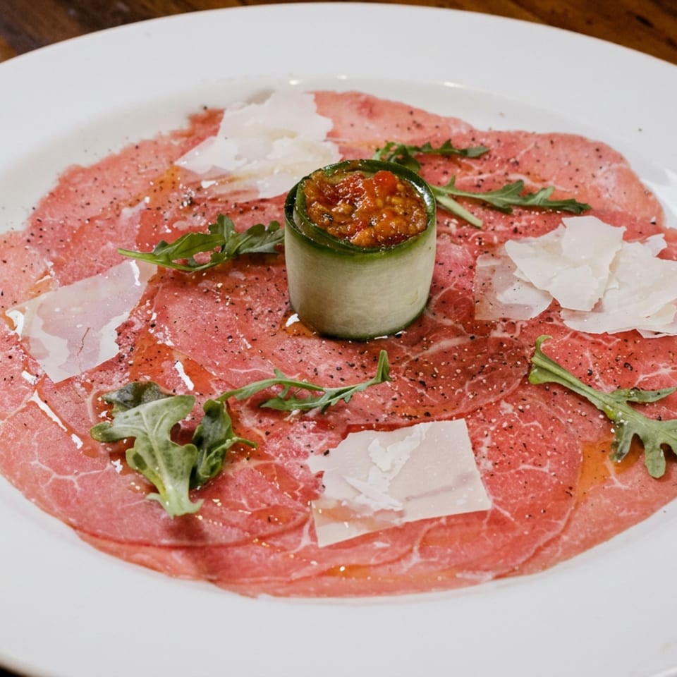Thinly sliced beef carpaccio with arugula, Parmesan shavings, and a cucumber cup of savory relish on a white plate.