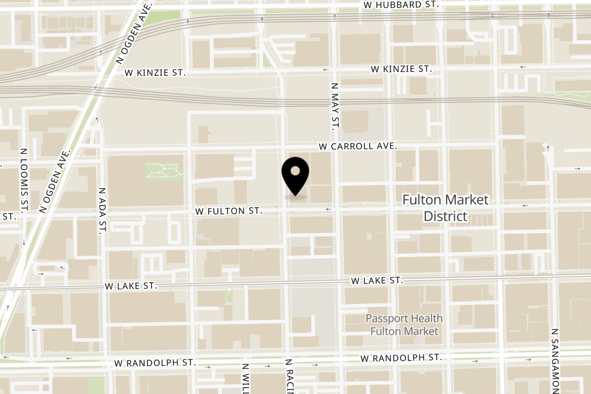 Map showing the location of Pasta Veneta on 1154 W Fulton Market in Chicago